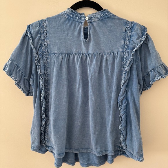Free People Blue Denim Ruffle Mock Neck Tunic Top Size M - Picture 6 of 8